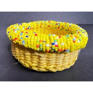 Yellow Handwoven Basket Beaded Rim 4" Handmade Decorative Bowl Vintage